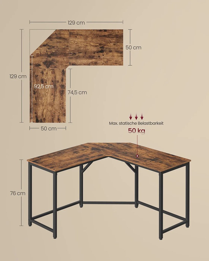 Secretária de canto 129 x 129 x 76 cm castanho vintage-preto
