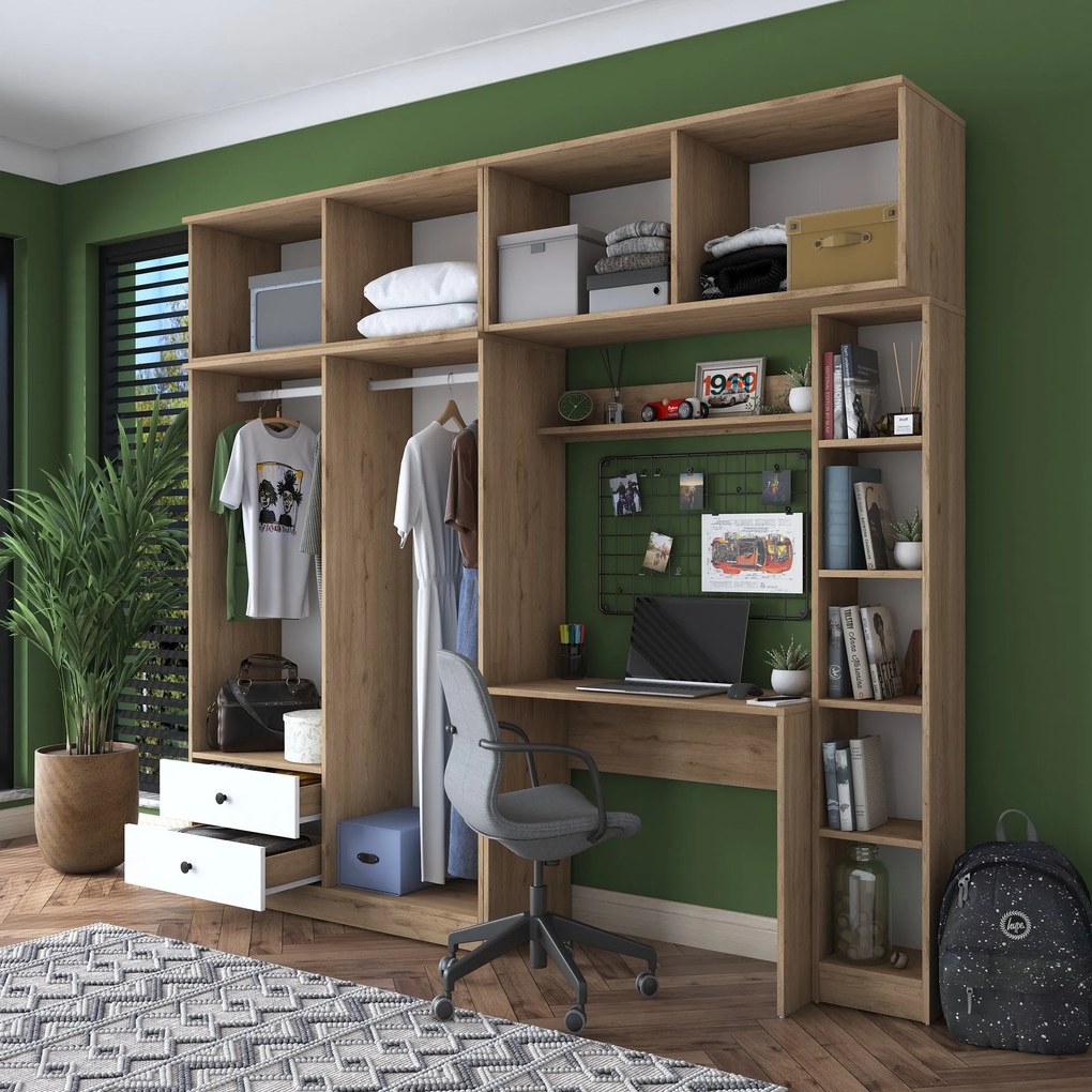Conjunto de Quarto de Estudo BA122 – Nogueira/Branco – 240 cm x 216,8