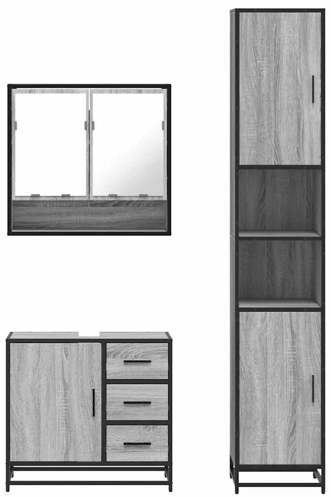 3 pcs Conjunto móveis casa de banho madeira proc. cinza sonoma