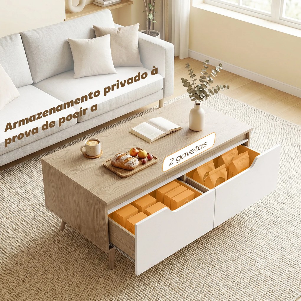 Mesa de Centro com 2 Gavetões e Pés de Madeira de Borracha 100x50x46 cm Carvalho