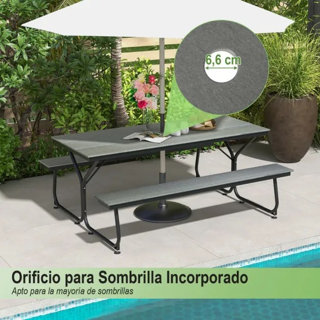 Conjunto de mesa de piquenique para exterior e 2 bancos para 8 adultos com estrutura metálica e tampo de mesa em PEAD para jardim, pátio e campismo Ci