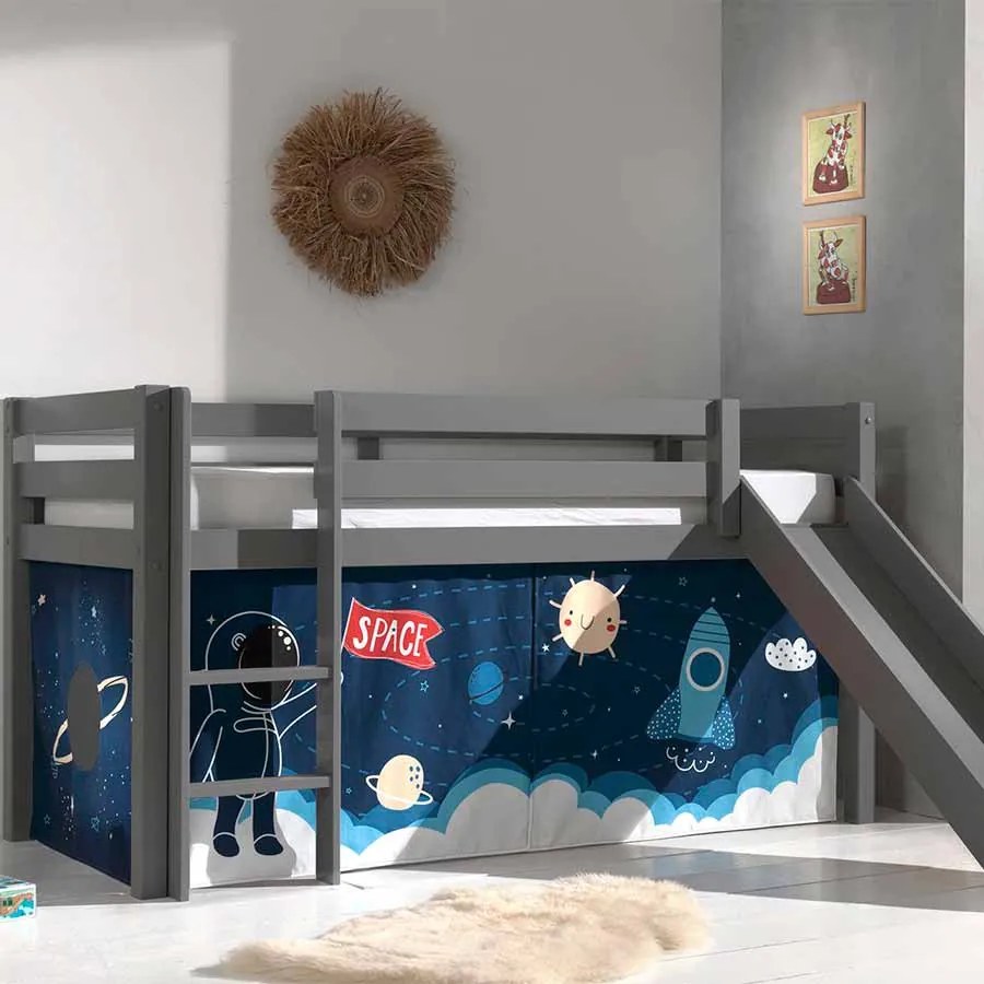 Cama alta de Criança PINO 90 x 200 cm + estrado + escada + escorrega + cortina Espaço Cinzenta