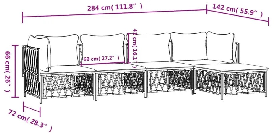 5 pcs conjunto lounge de jardim com almofadões aço branco