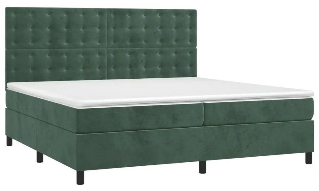 Cama box spring c/ colchão/LED 200x200 cm veludo verde-escuro