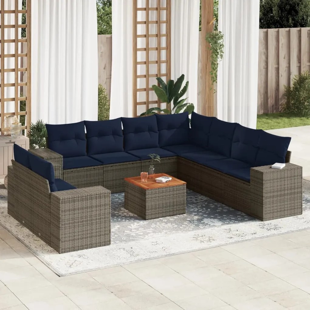 vidaXL 10 pcs conjunto sofás p/ jardim c/ almofadões vime PE cinzento