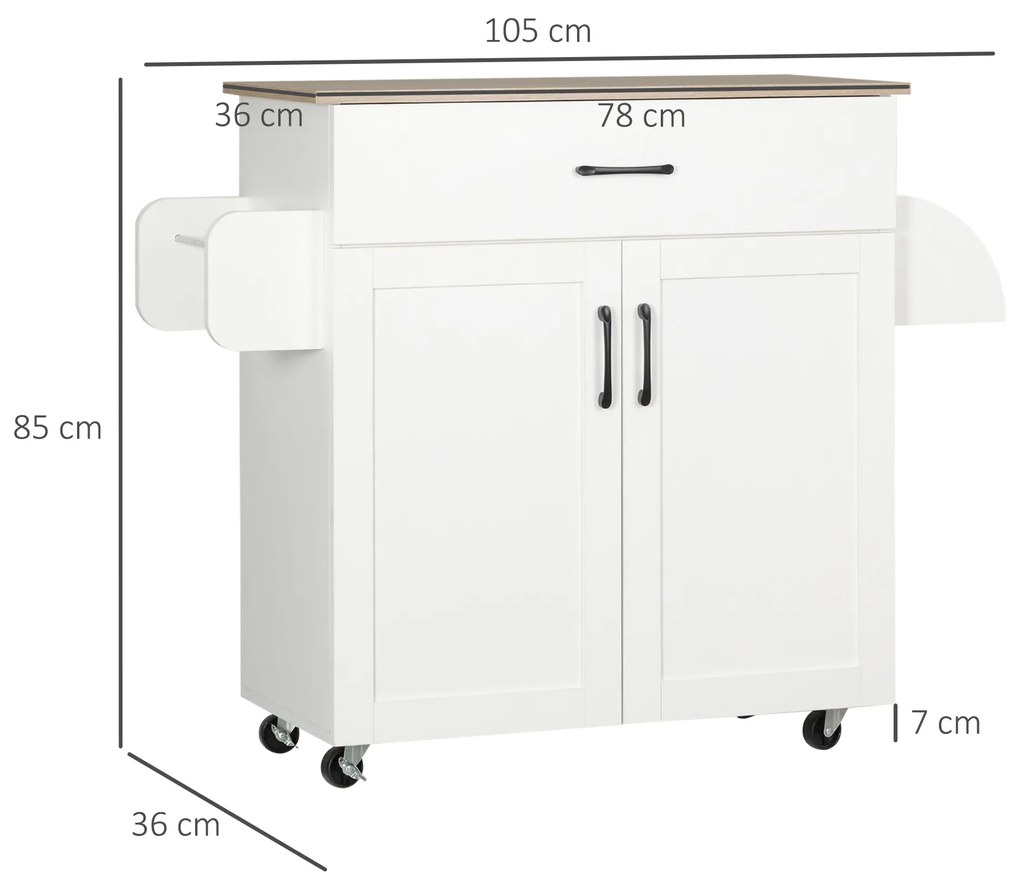 Carrinho de Cozinha com 1 Gaveta 2 Portas Suporte para Panos e Especies Carrinho Auxiliar com Rodas para Sala de Jantar Carga Máxima 105x36x85cm Branc