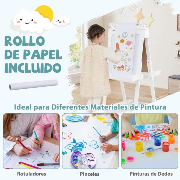 Cavalete de arte dobrável de dupla face 3 em 1 para crianças + 3 anos com quadro negro e rolo de papel substituível 3 copos bandejas Branco