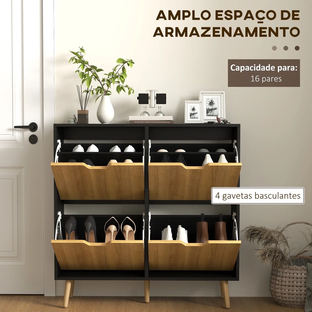 Sapateira para 16 Pares de Sapatos com 4 Gavetas e Prateleiras Ajustáveis 95x26x95 cm Madeira e Preto