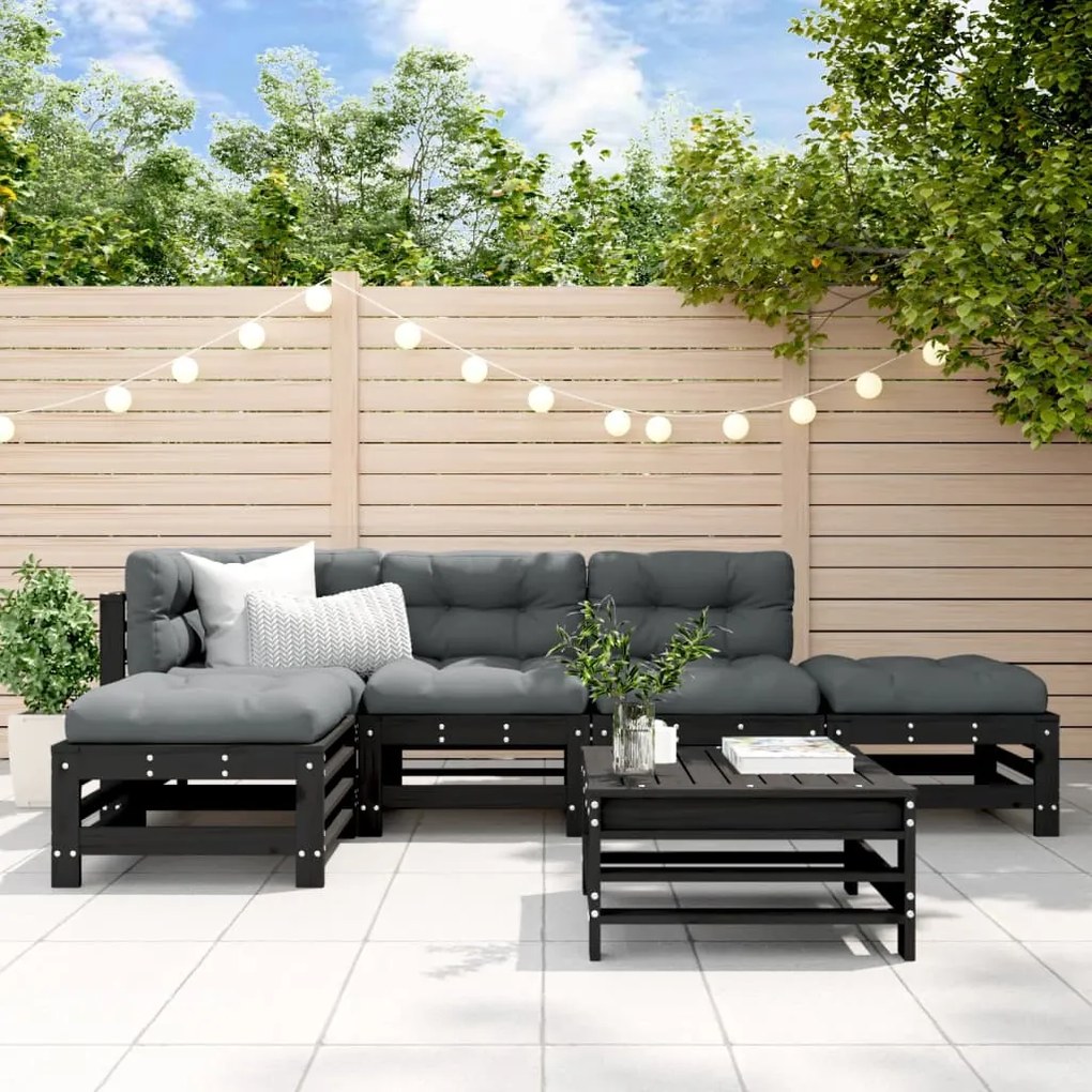 vidaXL 6pcs conjunto lounge jardim c/ almofadões madeira maciça preto