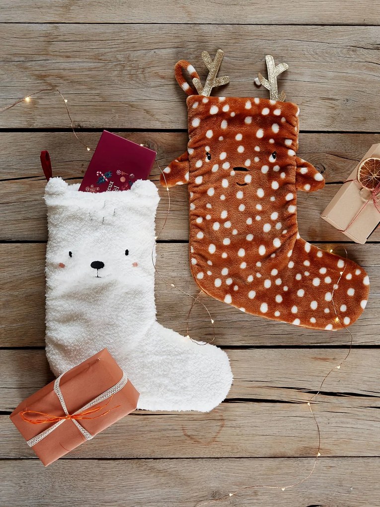 Meia de Natal em imitação pelo, Rena castanho escuro liso com motiv
