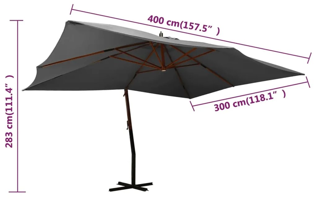 Guarda-sol cantilever c/ poste de madeira 400x300 cm antracite