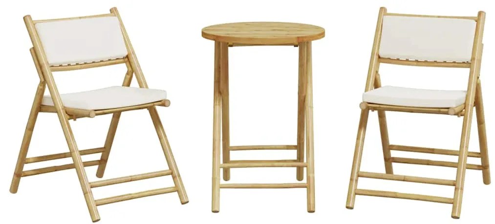 3 pcs conjunto bistrô dobrável c/ almofadões branco nata bambu