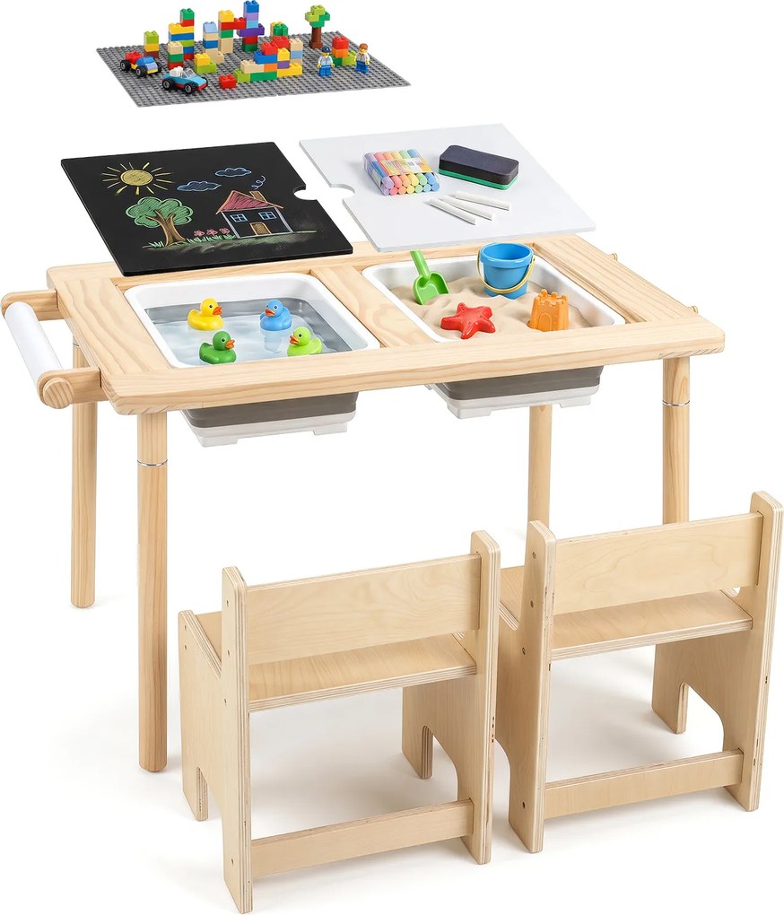 Conjunto de Mesa de Atividades Infantil com 2 Cadeiras, 86 x 55 x 51 cm, Multifuncional 6 em 1, Natural