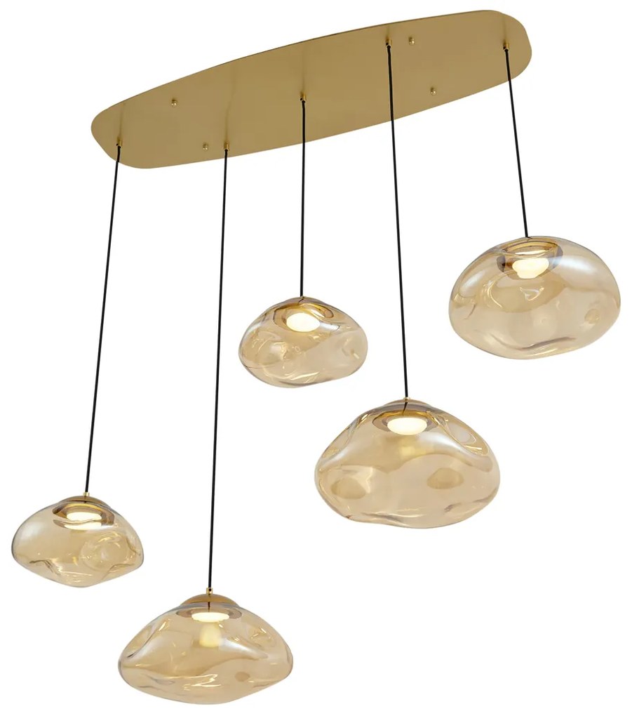 Candeeiro suspenso Hotel Chic latão com vidro âmbar 5-luzes - Gus Chique de hotel