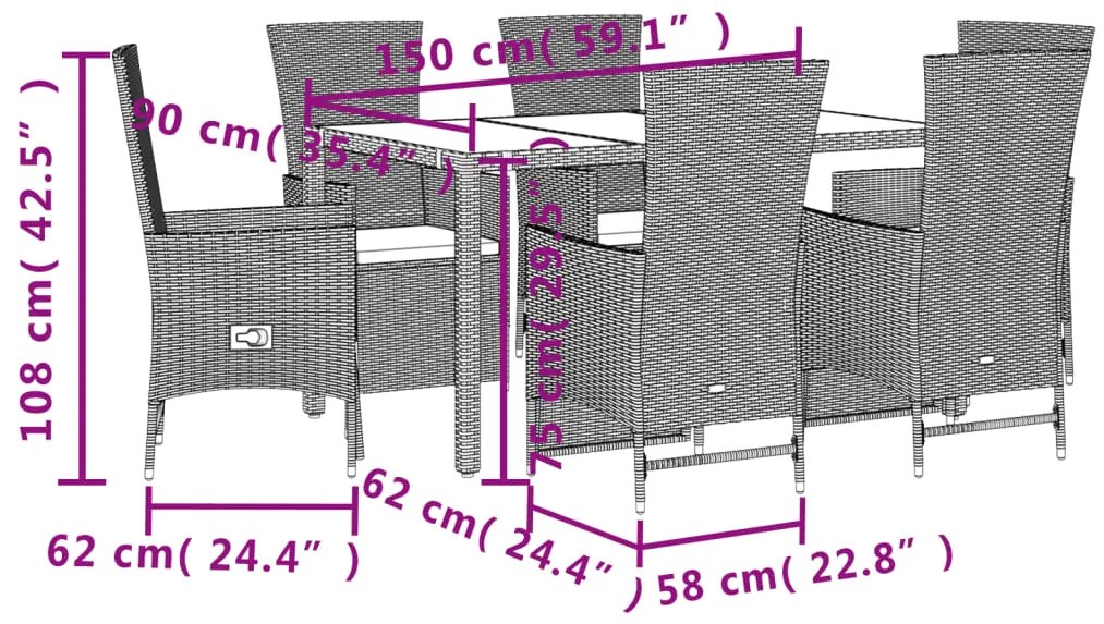 7 pcs conjunto de jantar p/ jardim com almofadões vime PE bege