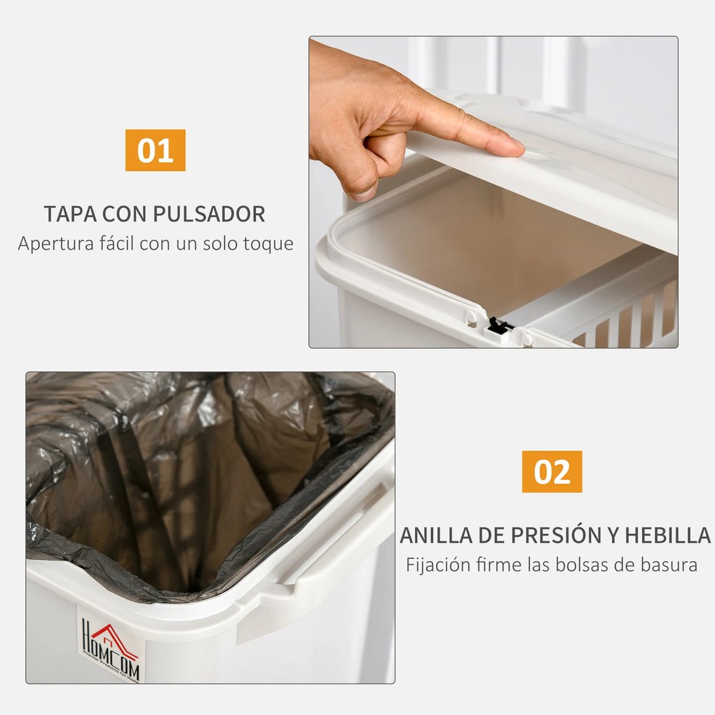 HOMCOM Caixotes de Lixo e Reciclagem 45L Caixote Móvel com Rodas 4 Compartimentos Gaveta Abertura e Fechamento com Botão e Pedal 42x29x83cm Branco