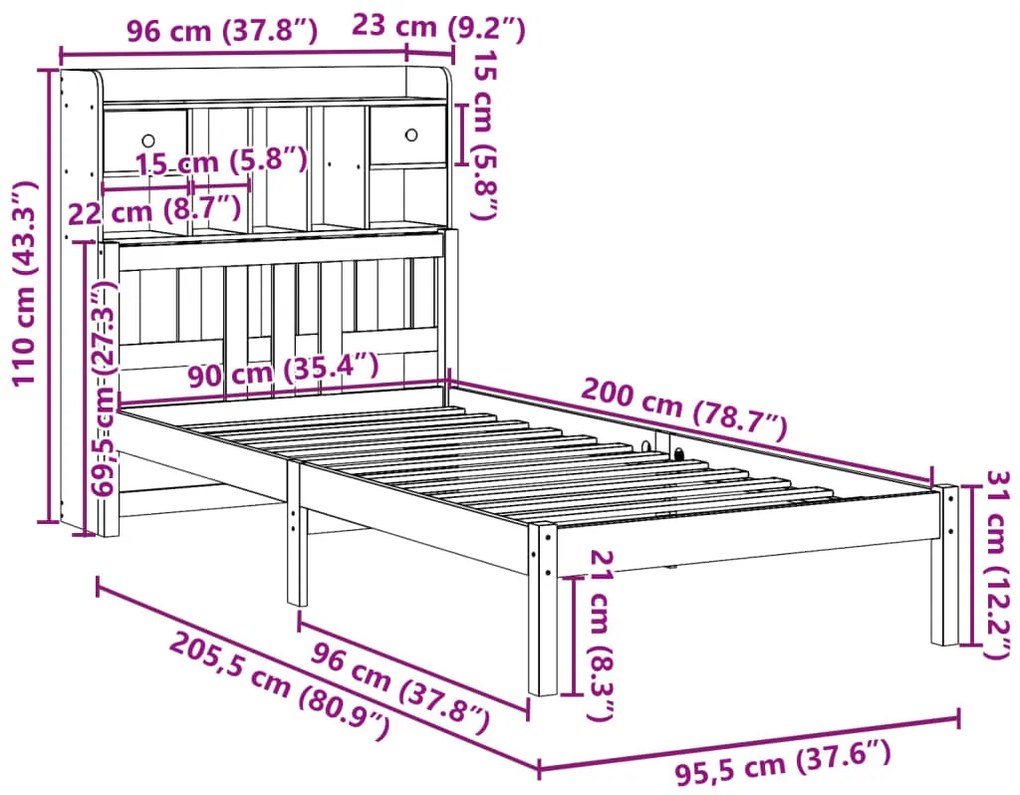 Cama com estante sem colchão 90x200 cm pinho maciço