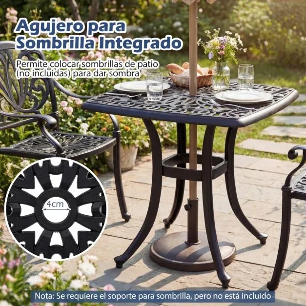 Mesa Jardim em alumínio fundido quadrada 54 x 54 x 53 cm, resistente a todas as condições meteorológicas, com orifício para guarda-sol; resistente à o