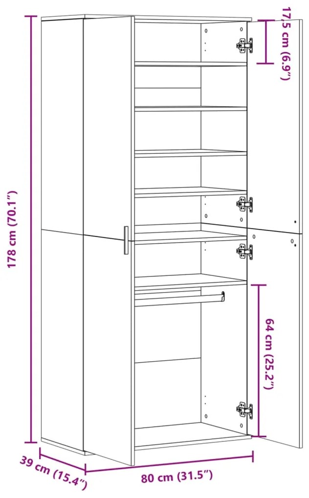 Armário p/ sapatos 80x39x178 cm contraplacado carvalho sonoma