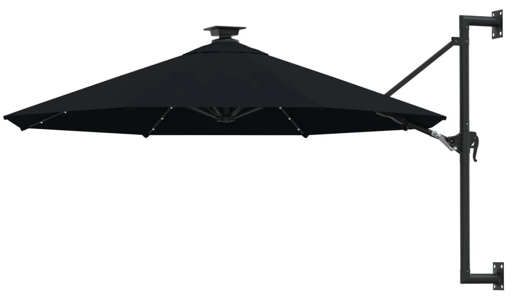 Guarda-sol para jardim de parede com luzes LED 300 cm preto