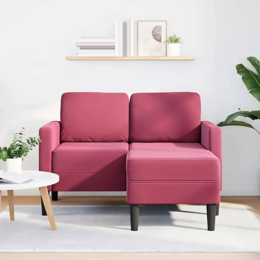 Sofá 2 lugares com Chaise em L 125 cm veludo vermelho tinto