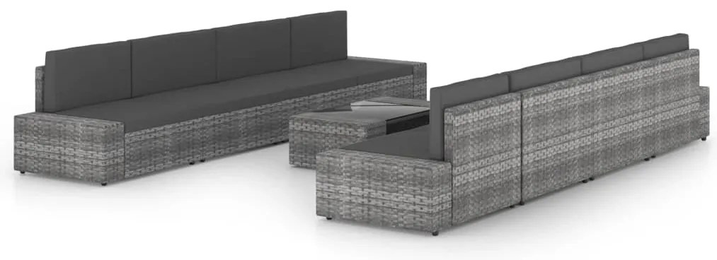 9 pcs conjunto lounge de jardim c/ almofadões vime PE cinzento