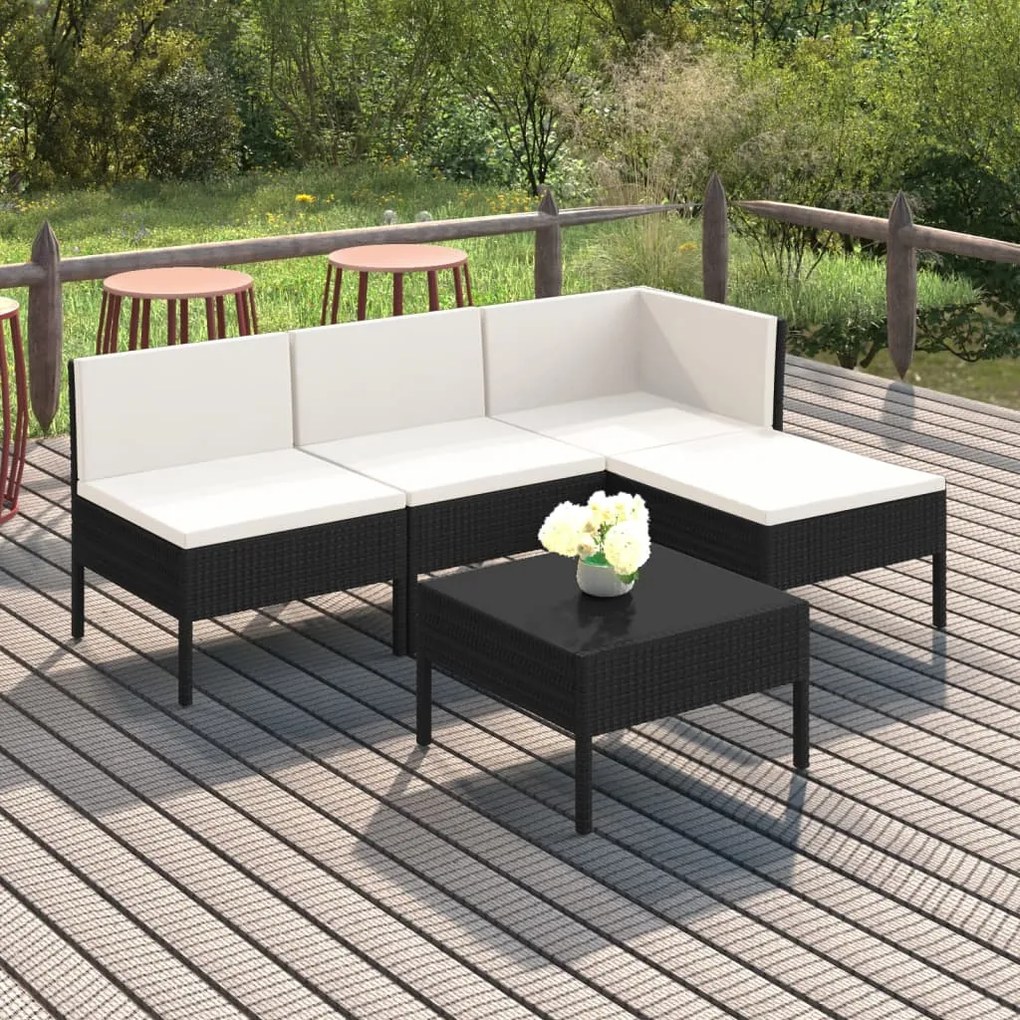 vidaXL 5 pcs conjunto lounge de jardim c/ almofadões vime PE preto