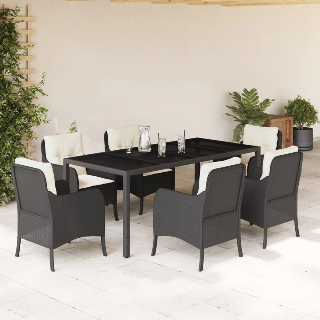 7 pcs conjunto de jantar p/ jardim c/ almofadões vime PE preto