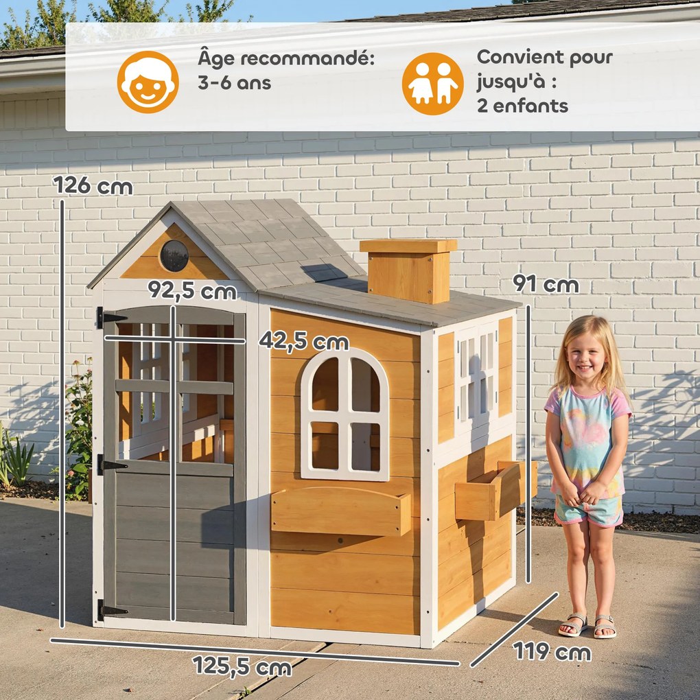 Casa de brincar infantil de madeira para exterior 125,5 x 119 x 126 cm, casinha infantil para exterior/interior com porta, janelas, 3 floreiras, amare