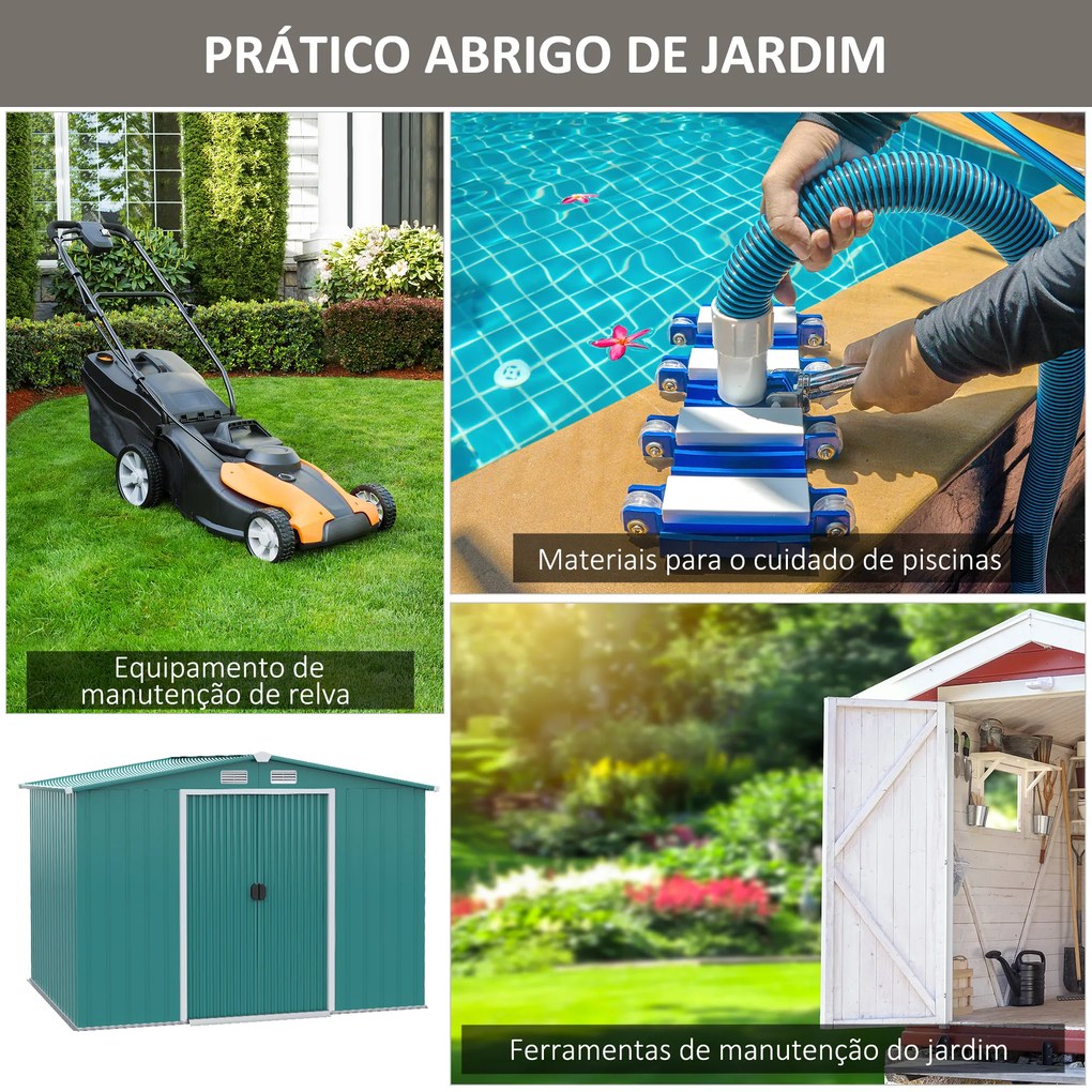 Outsunny Abrigo de Jardim 260x206x179cm 4,7m² Abrigo de Aço Galvanizado com Portas de Correr e Ventilações para Armazenamento de Ferramentas Verde