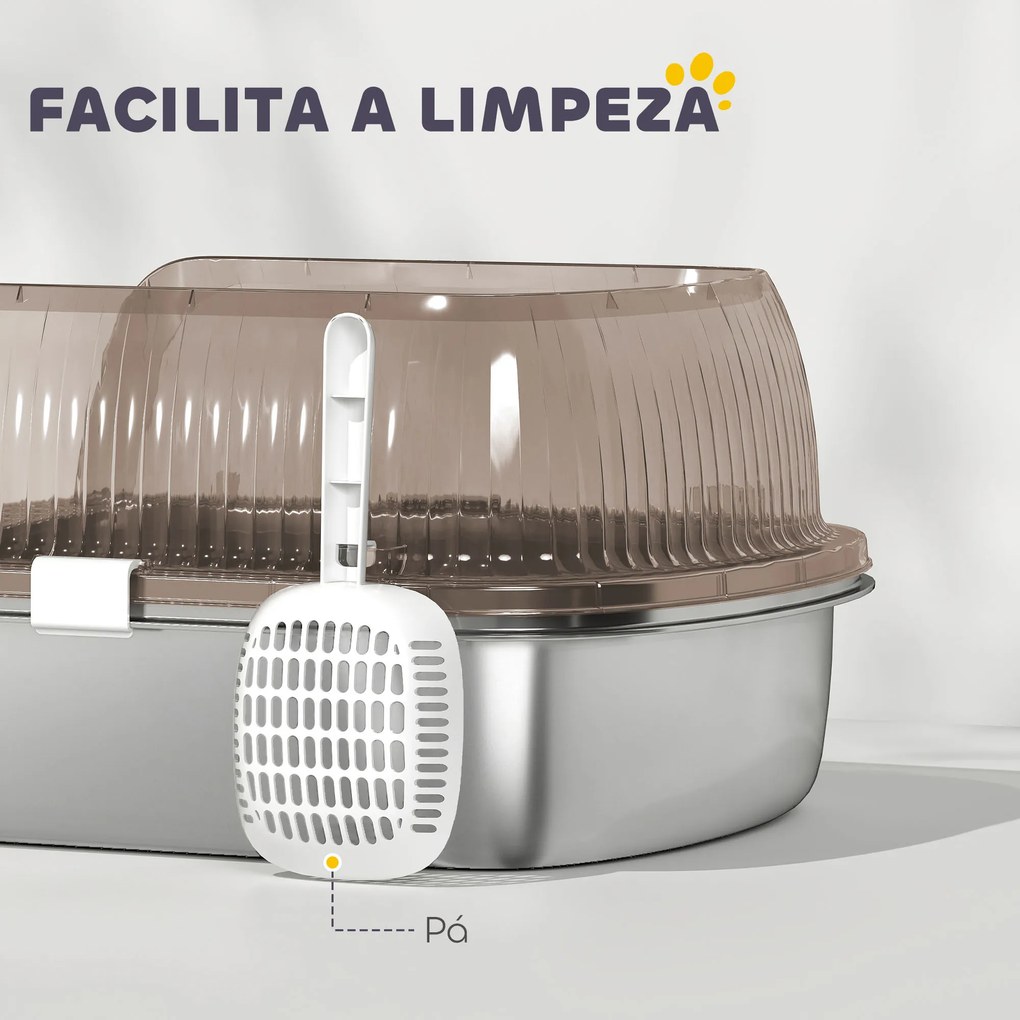 Caixa de Areia para Gatos Fechada com Bandeja em Aço Inoxidável Bordas Altas Pá e Degrau para Gatos Grandes 53x42x27 cm Cinzento