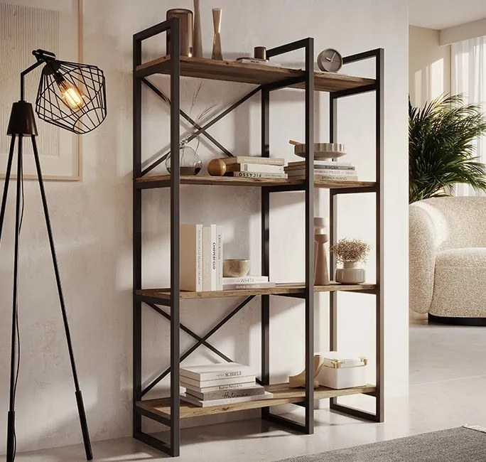 Estante Faro – 87,5x30x138 cm – Pinho Atlântico e Estrutura em Aço Pre