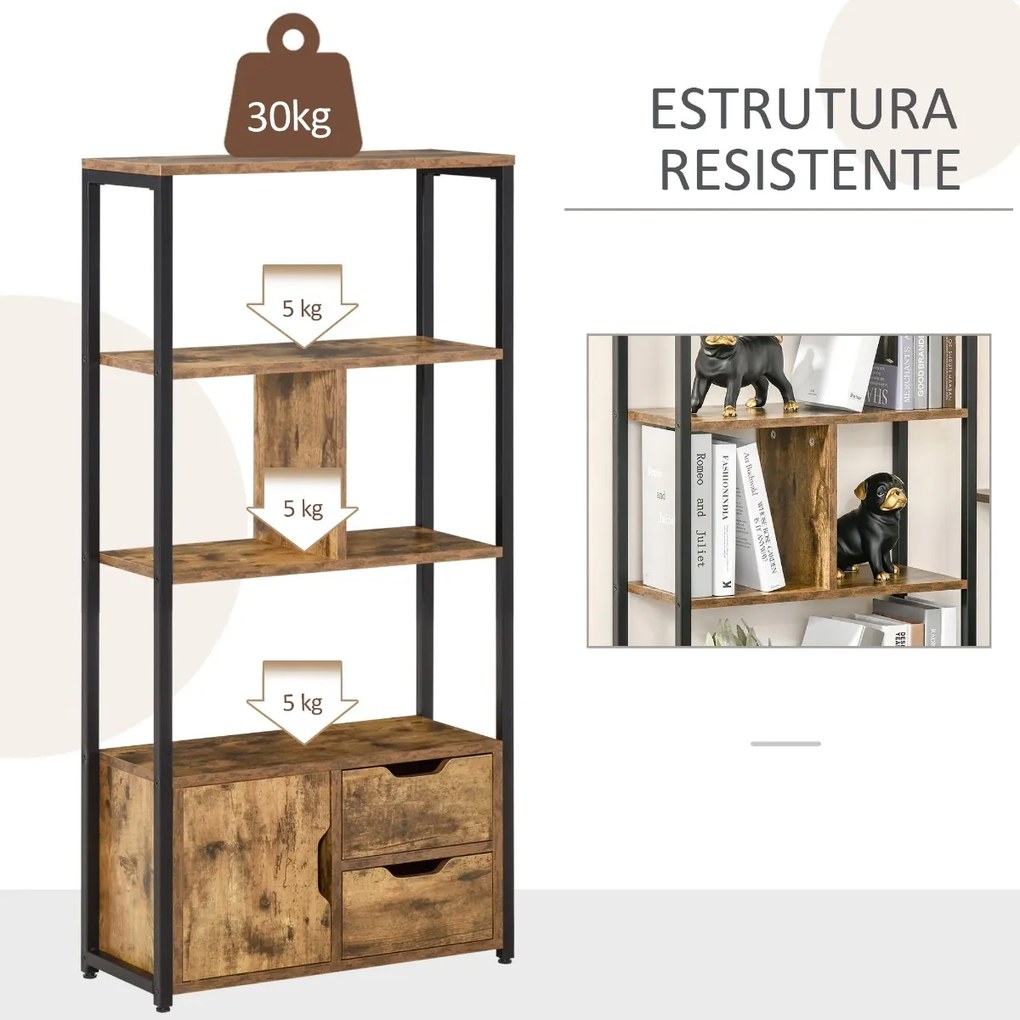 Estante para Livros com Armário e 2 Gavetas de Armazenamento Estante Estilo Industrial para Escritório Sala de Estar 58x24x122cm Marrom Rústico