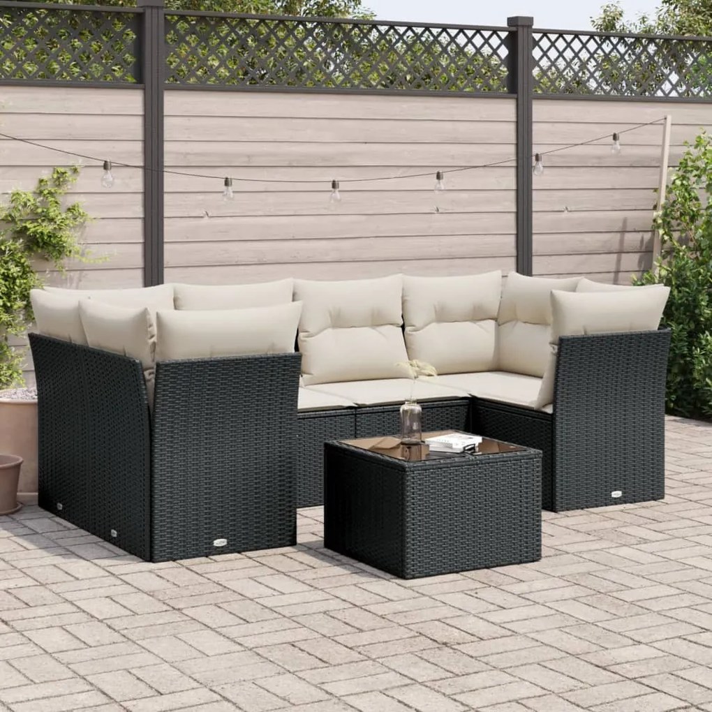 7 pcs conjunto de sofás p/ jardim c/ almofadões vime PE preto