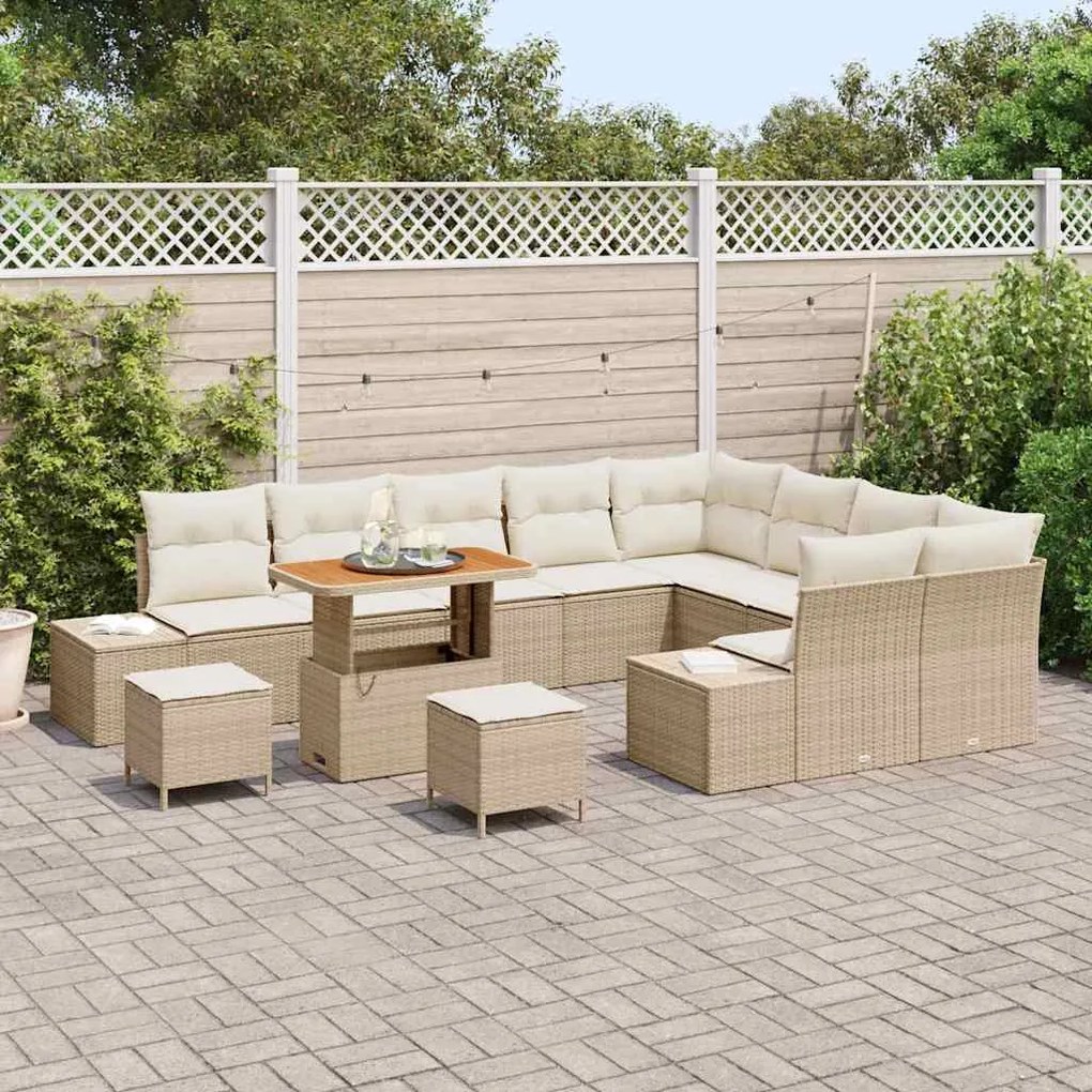 Sofá de Jardim 12 Peças com Almofadas em Bege, Rattan e Acácia