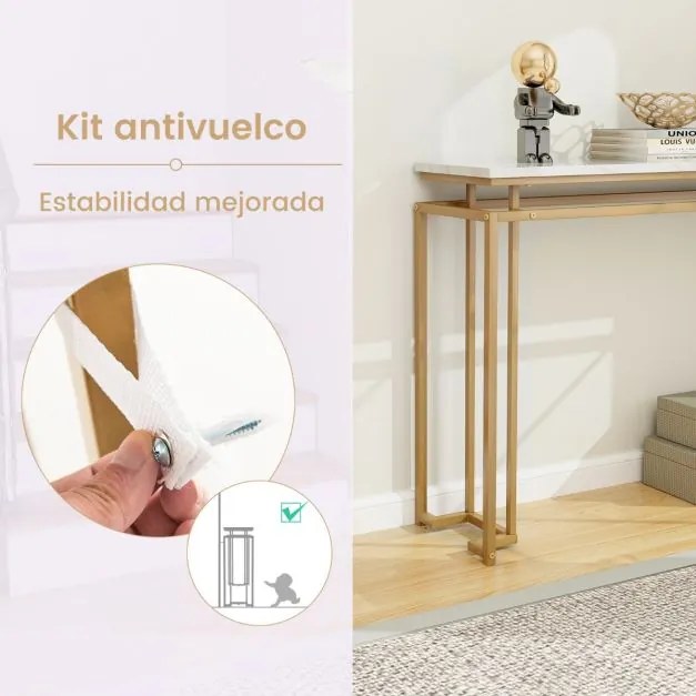 Mesa consola moderna com tampo de mármore artificial e estrutura metálica geométrica para hall de entrada e corredor 30 x 120 x 80,5 cm Dourado