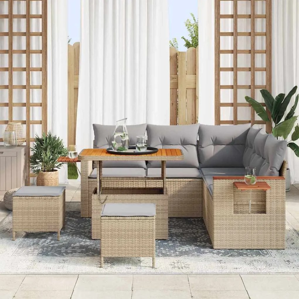 Conjunto de Sofá de Jardim de 8 Peças com Almofadas Bege Vime Acácia