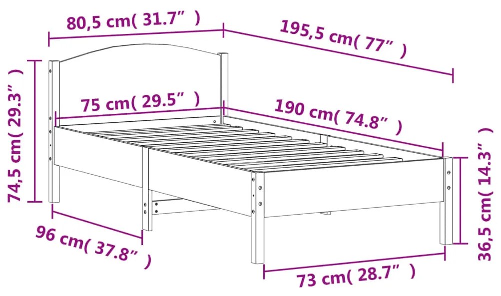 Cama sem colchão 75x190 cm madeira de pinho maciça branco