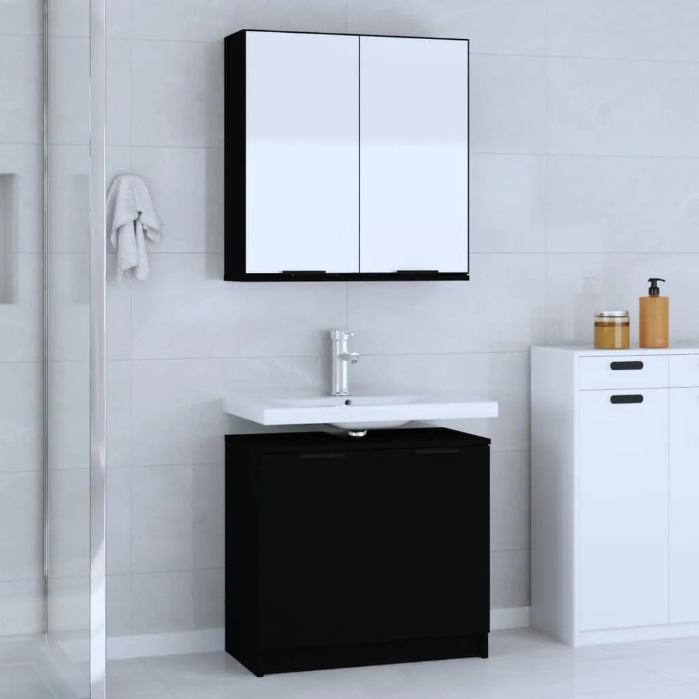 vidaXL 2 pcs conjunto móveis casa de banho derivados de madeira preto