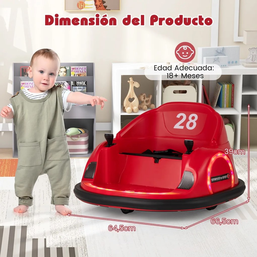 Carrinho de choques para crianças a bateria 6V  com luzes LED Ligação sem fios Música e som  360° Vermelho