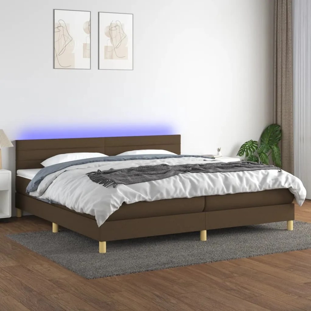 Cama box spring c/ colchão/LED 200x200cm tecido castanho-escuro