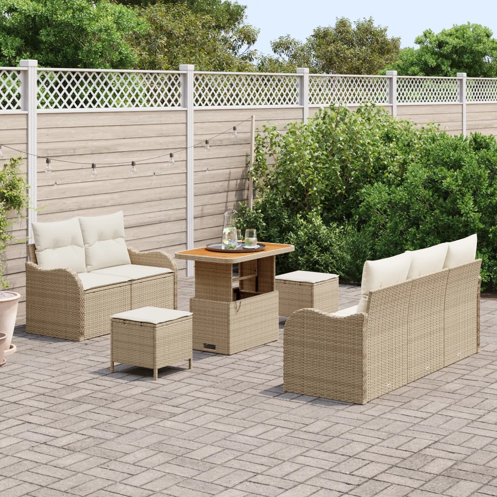 Conjunto de Sofás de Jardim 8 Peças com Almofadas Bege Vime Acácia