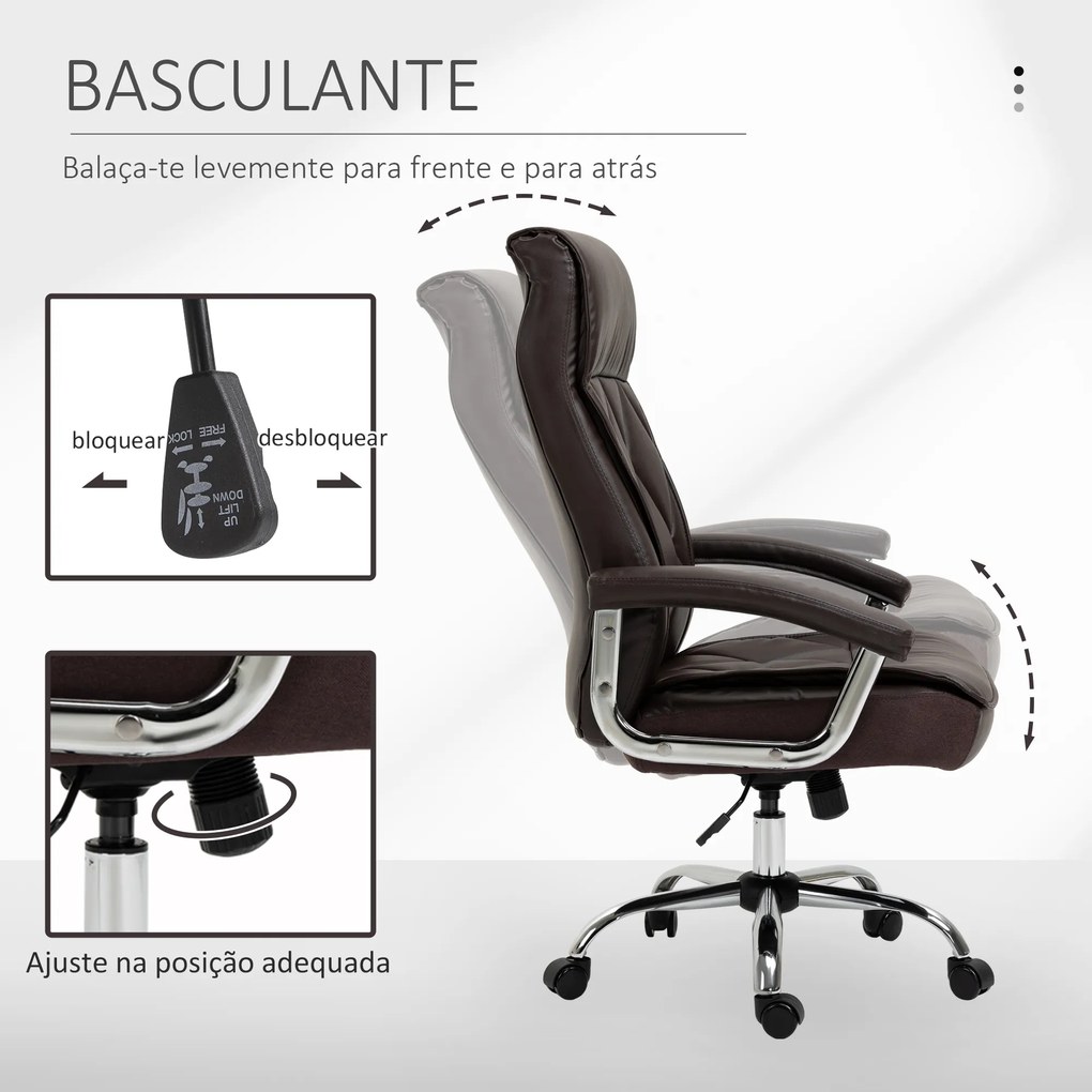 Vinsetto Cadeira de Escritório Ergonômica Cadeira de Escritório Giratória e Basculante com Altura Ajustável Encosto Alto e Apoio para a cabeça Acolchoado Pele Sintética 66x69x113-121cm Marrom