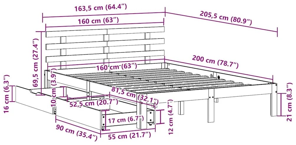 Estrutura de cama com gavetas 160x200 cm pinho maciço branco