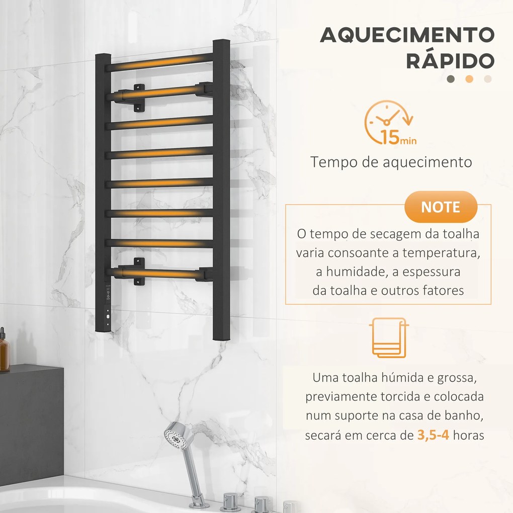HOMCOM Toalheiro Elétrico de Parede ou Solo 150 W Aquecedor de Toalhas de Liga de Alumínio com Função de Temporizador e 8 Barras para Casa de Banho 53x35x90 cm Preto
