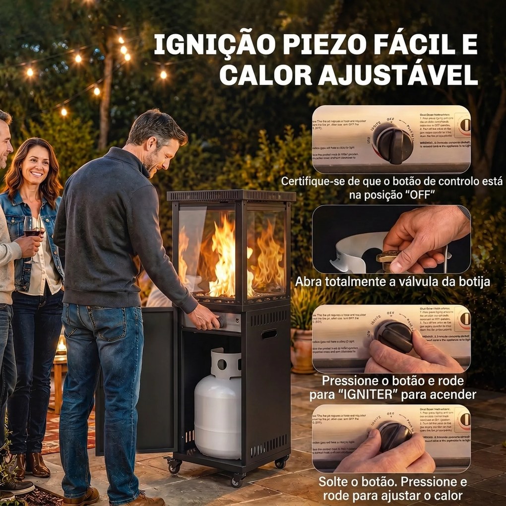 Aquecedor a Gás para Terraço 13 kW Portátil a Propano Regulação Contínua Sistema Antiqueda 4 Rodas Preto