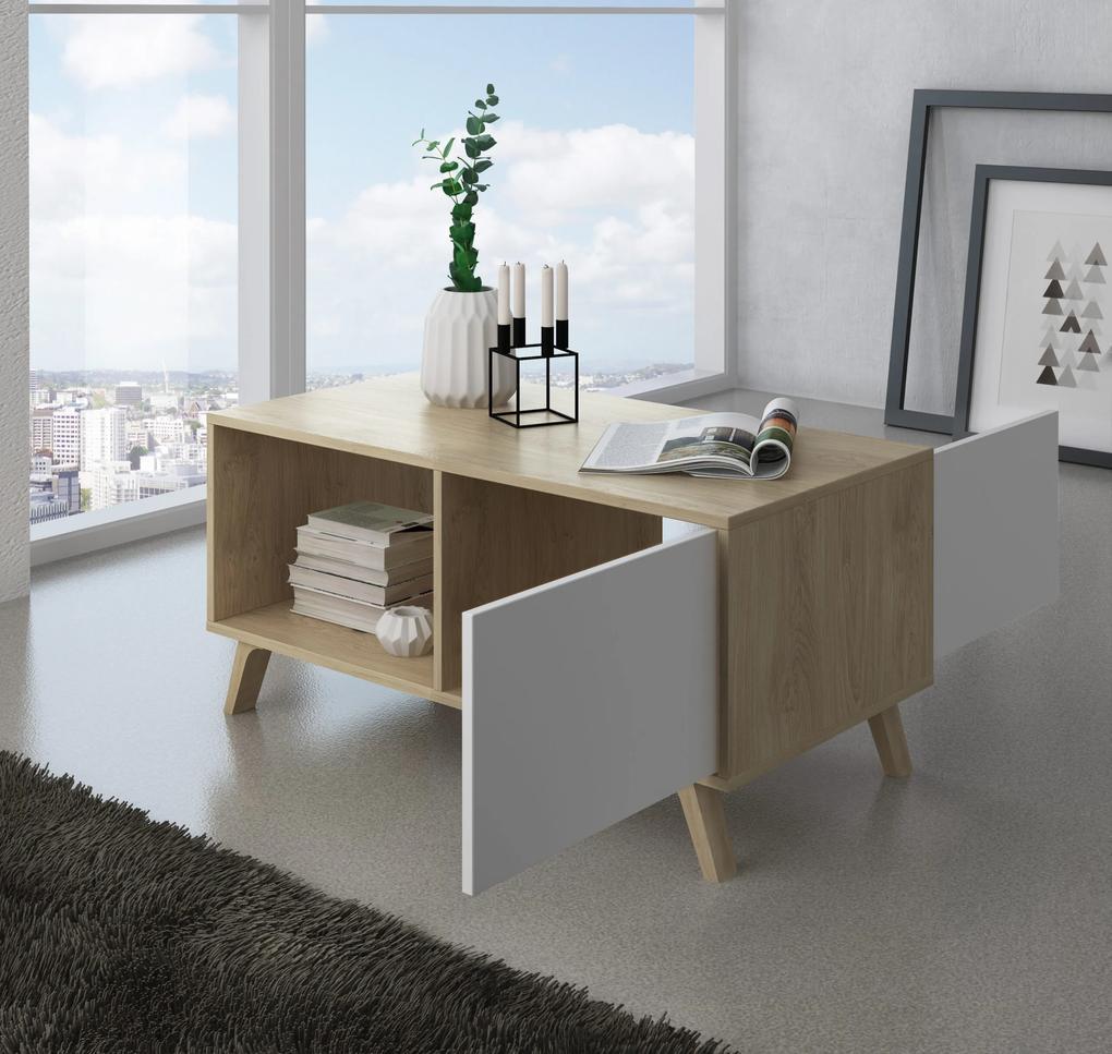 Mesa de café com portas, sala de estar, modelo WIND, cor da estrutura Puccini, cor da porta Branco, medidas 92x50x45cm de altura.