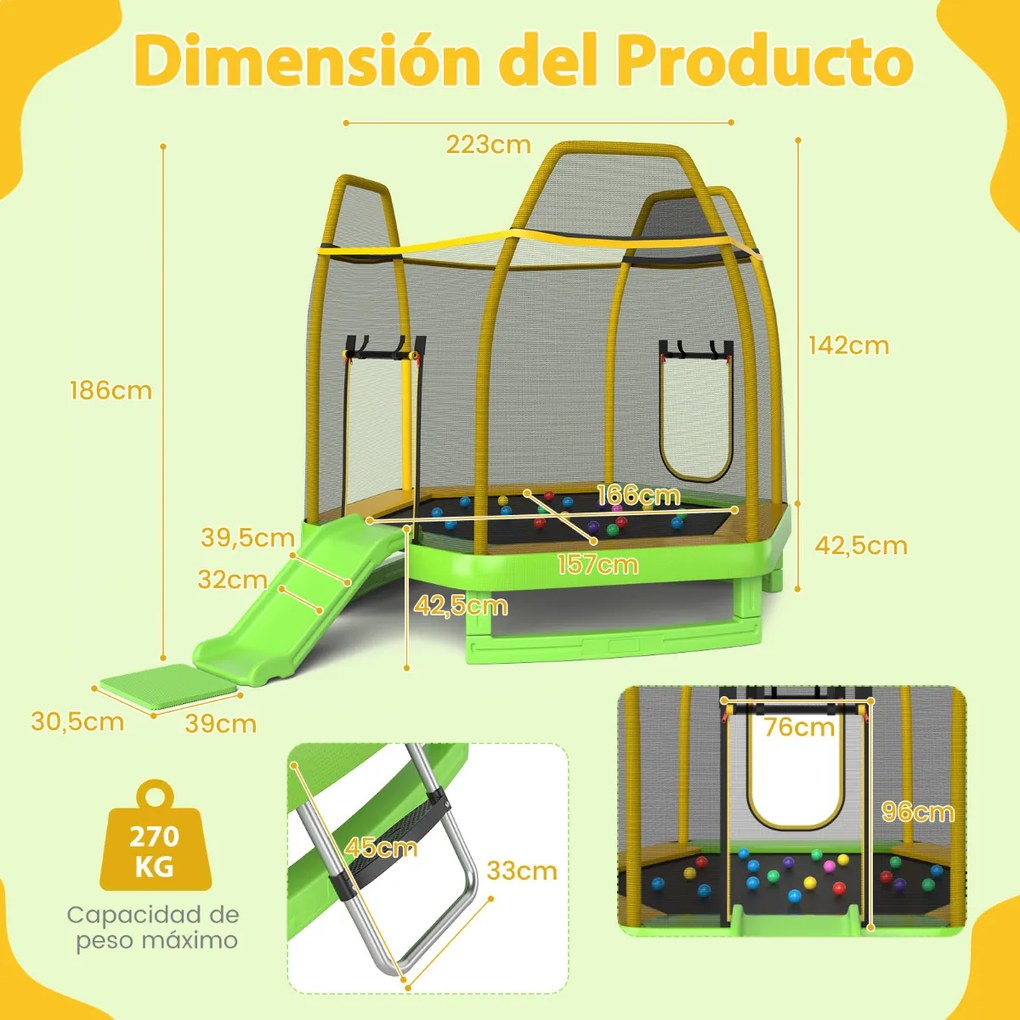 Trampolim 223cm com escada e escorrega crianças, Rede de segurança de metal galvanizado para crianças 3+ anos Carga 270kg Verde