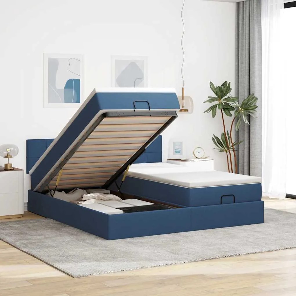 Estrutura de cama otomana com colchões 200x200cm tecido azul