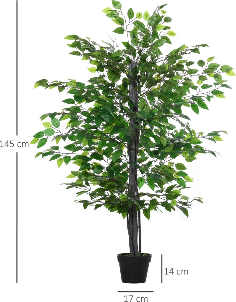 Árvore artificial, planta artificial, ficus, altura 1,45 m, tronco, ramos, liana, líquen, folhas, muito realista, vaso incluído